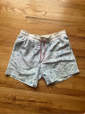 Venroy White Swim Trunks with Blue Marble Print and Pink Drawcord